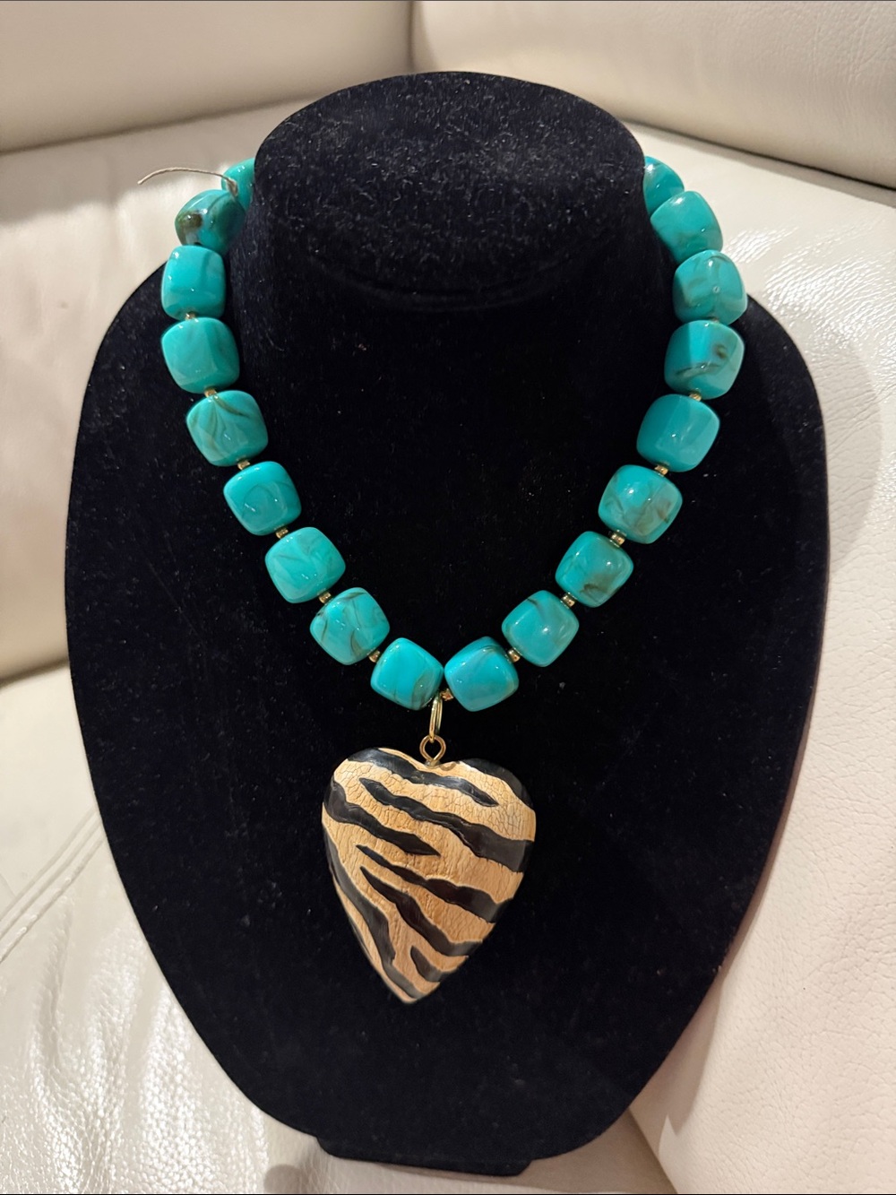 Turquoise Beaded Necklace with Gold Zebra Heart Pendant